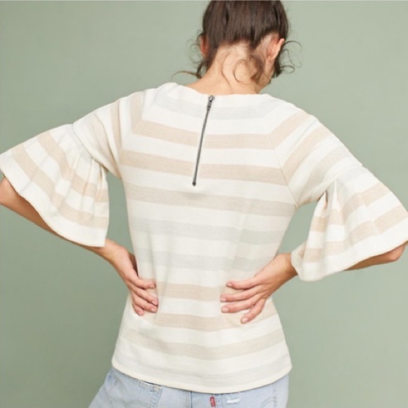 Anthro Maeve Metallic Shimmer Stripe Ruffle Bell Sleeve Blouse Top - Picture 3 of 9
